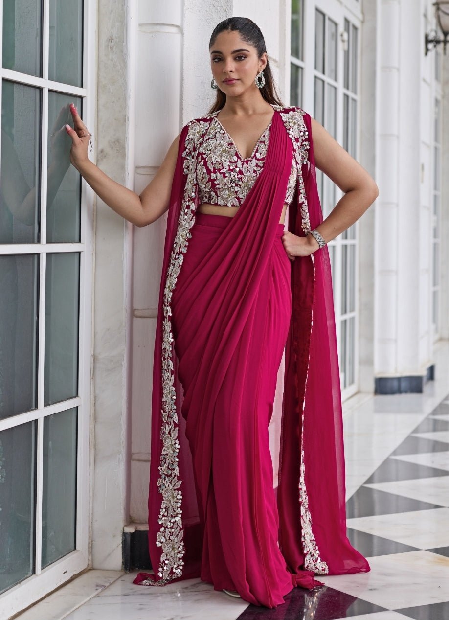 Rani Pink Georgette Pre Draped Saree With Jacket Seema Thukral - Fabilicious Fashion