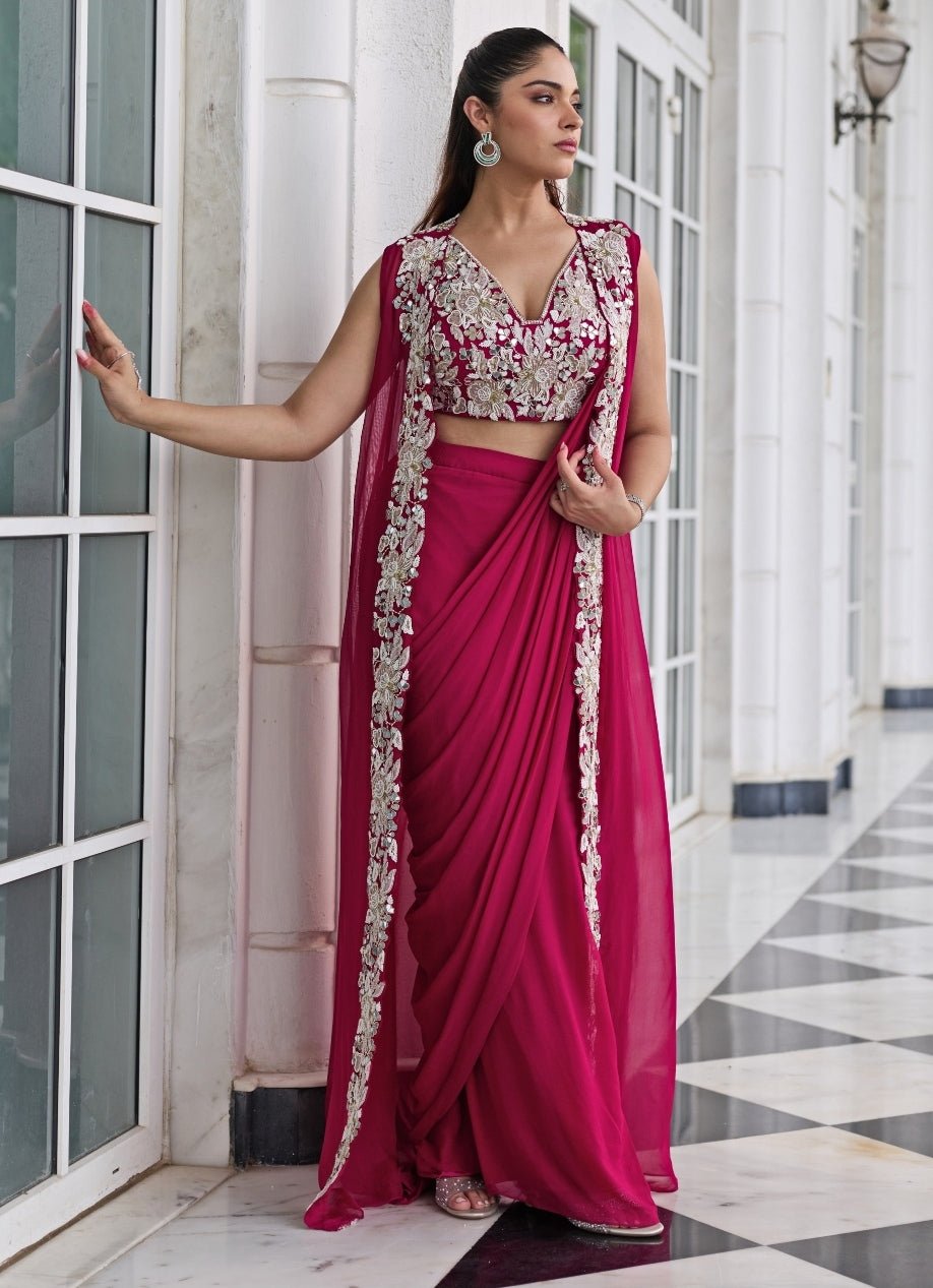 Rani Pink Georgette Pre Draped Saree With Jacket Seema Thukral - Fabilicious Fashion