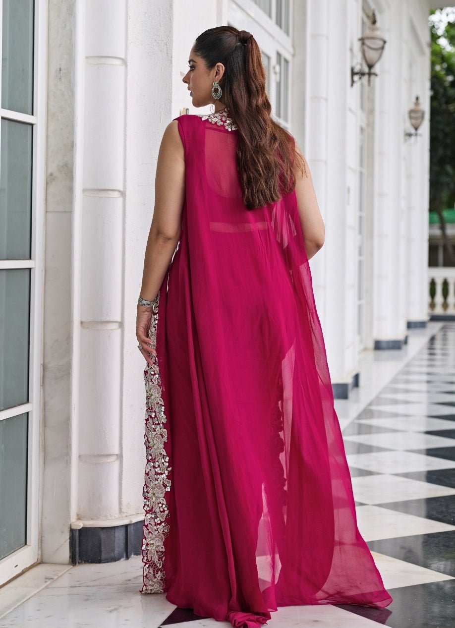 Rani Pink Georgette Pre Draped Saree With Jacket Seema Thukral - Fabilicious Fashion
