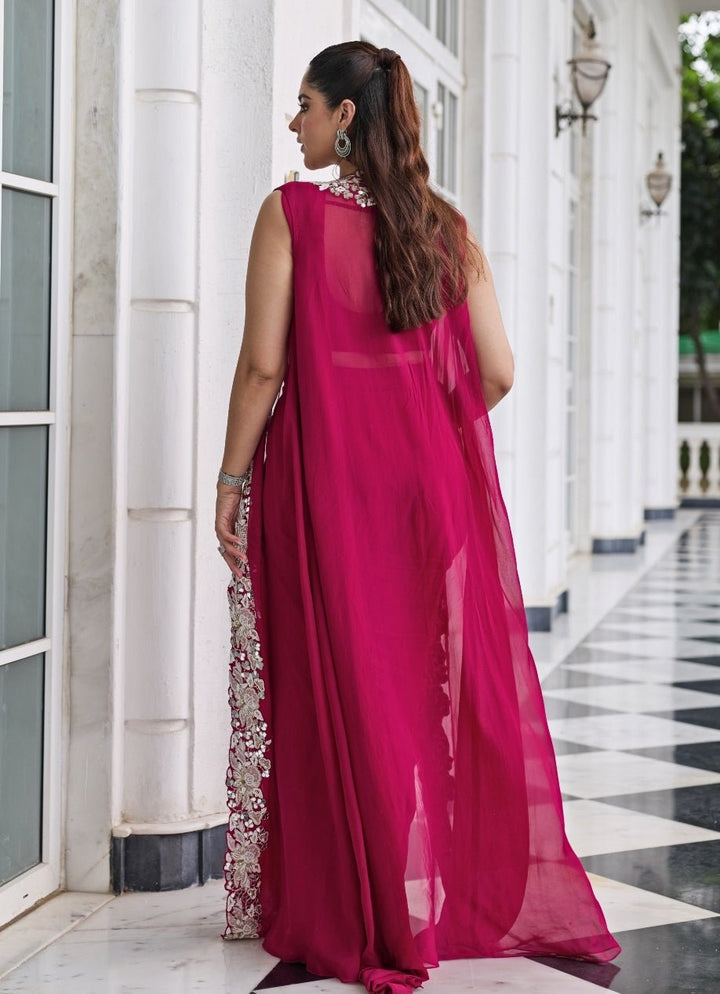 Rani Pink Georgette Pre Draped Saree With Jacket Seema Thukral - Fabilicious Fashion