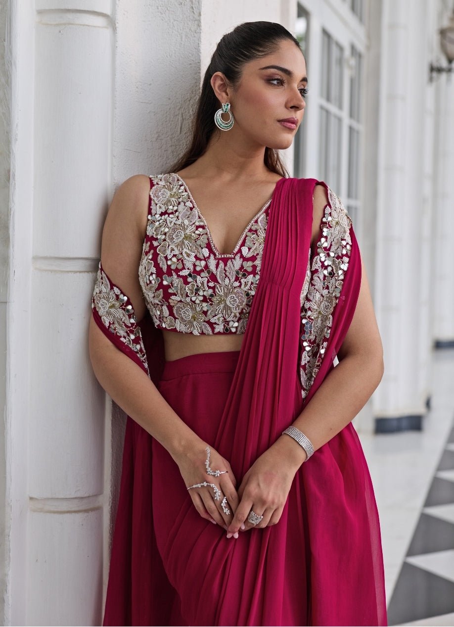 Rani Pink Georgette Pre Draped Saree With Jacket Seema Thukral - Fabilicious Fashion