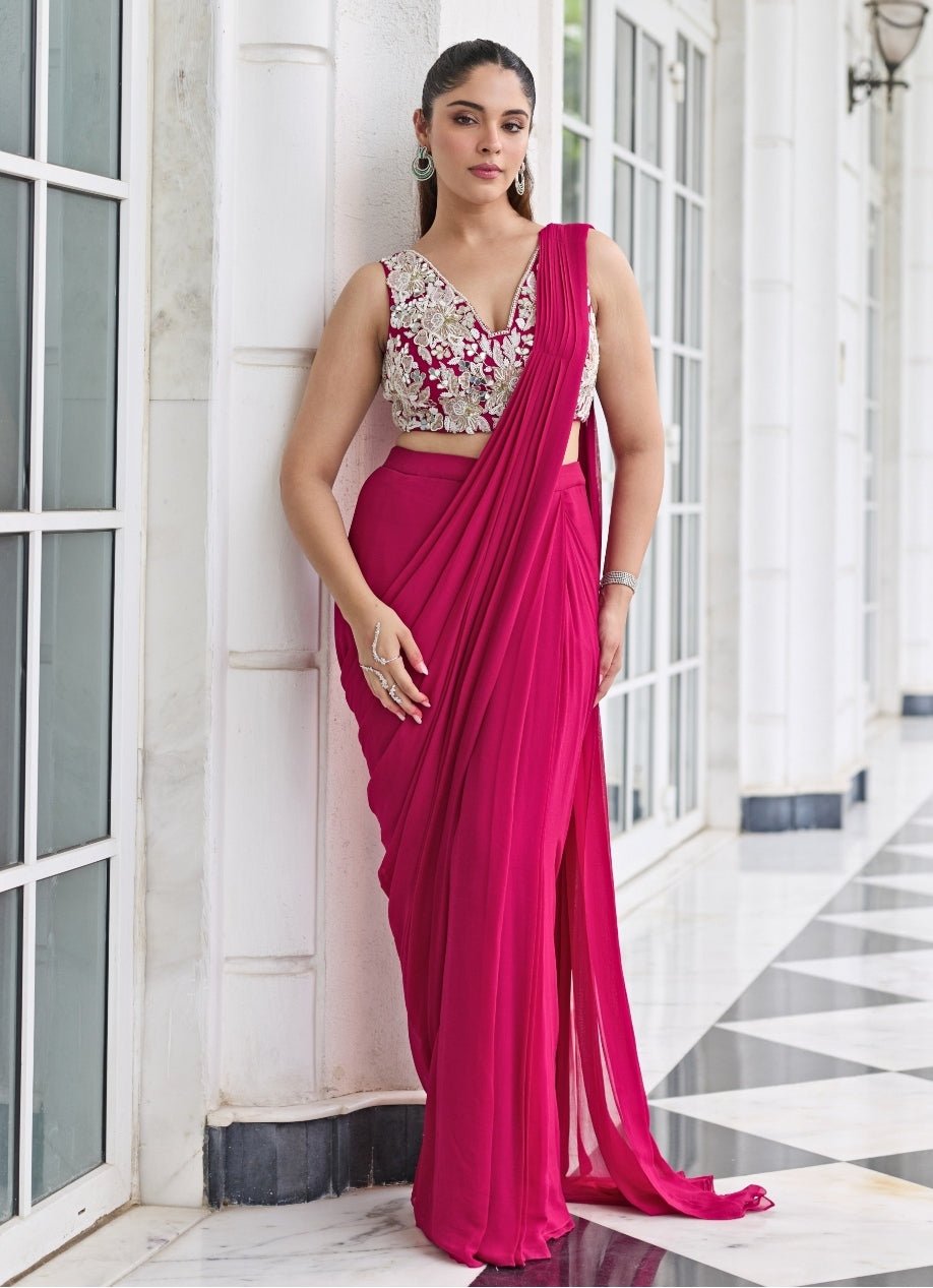 Rani Pink Georgette Pre Draped Saree Seema Thukral - Fabilicious Fashion