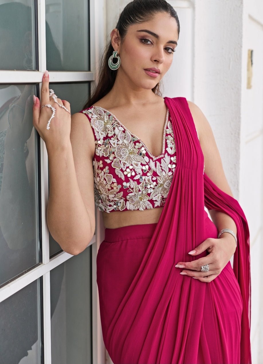 Rani Pink Georgette Pre Draped Saree Seema Thukral - Fabilicious Fashion