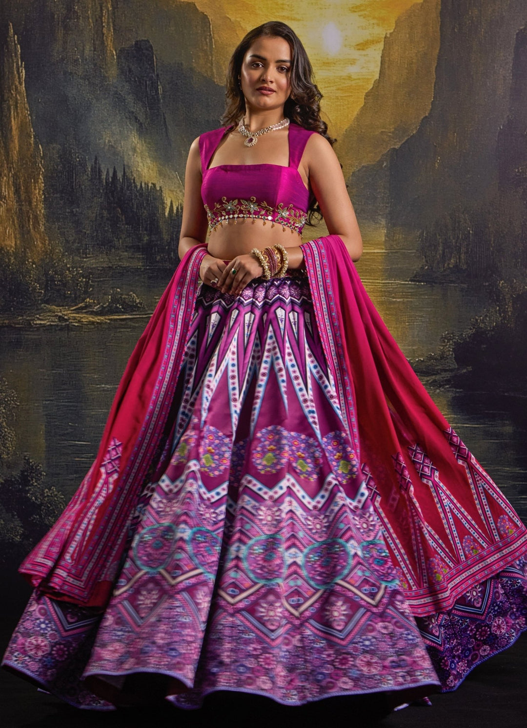 Rani Pink Printed And Embroidered Satin Lehenga Set Rashika Sharma - Fabilicious Fashion
