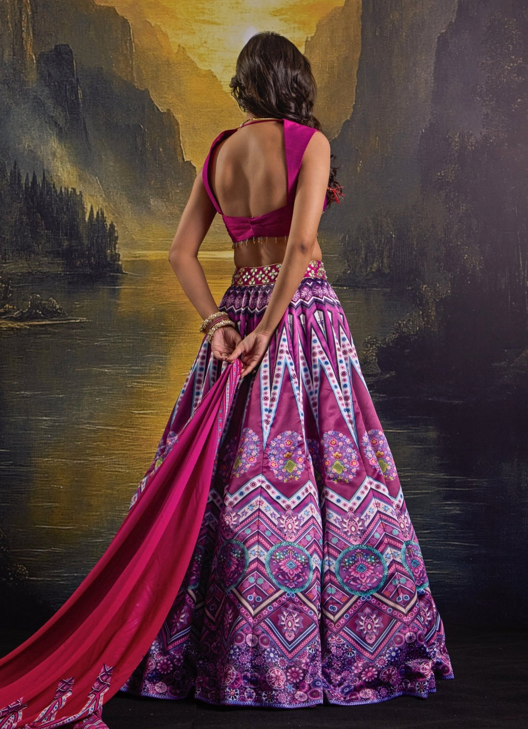 Rani Pink Printed And Embroidered Satin Lehenga Set Rashika Sharma - Fabilicious Fashion