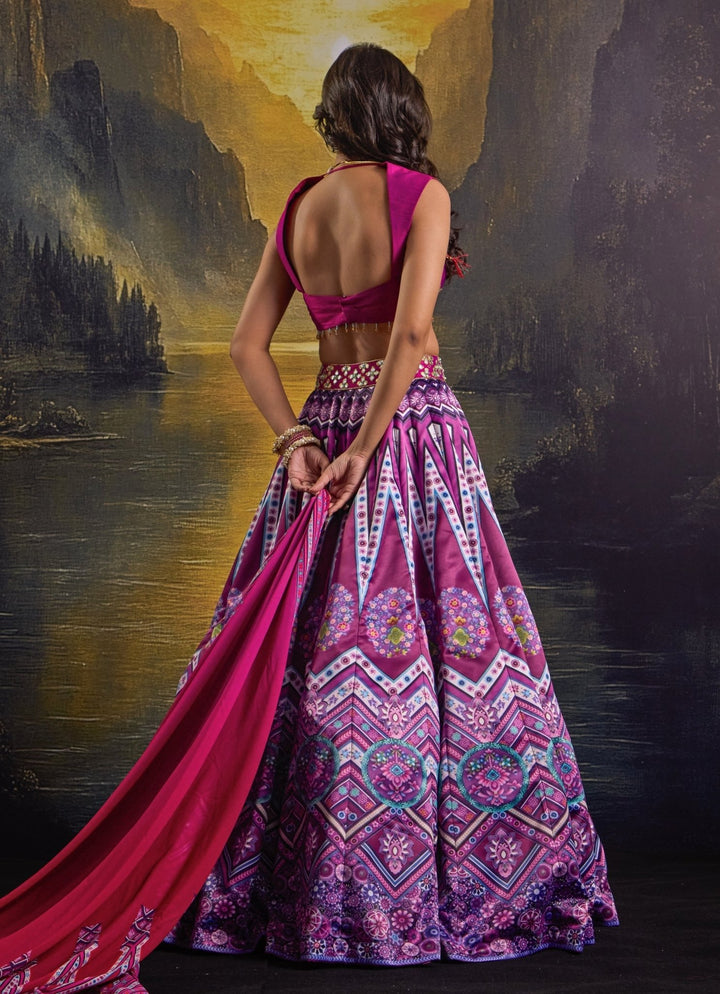 Rani Pink Printed And Embroidered Satin Lehenga Set Rashika Sharma - Fabilicious Fashion
