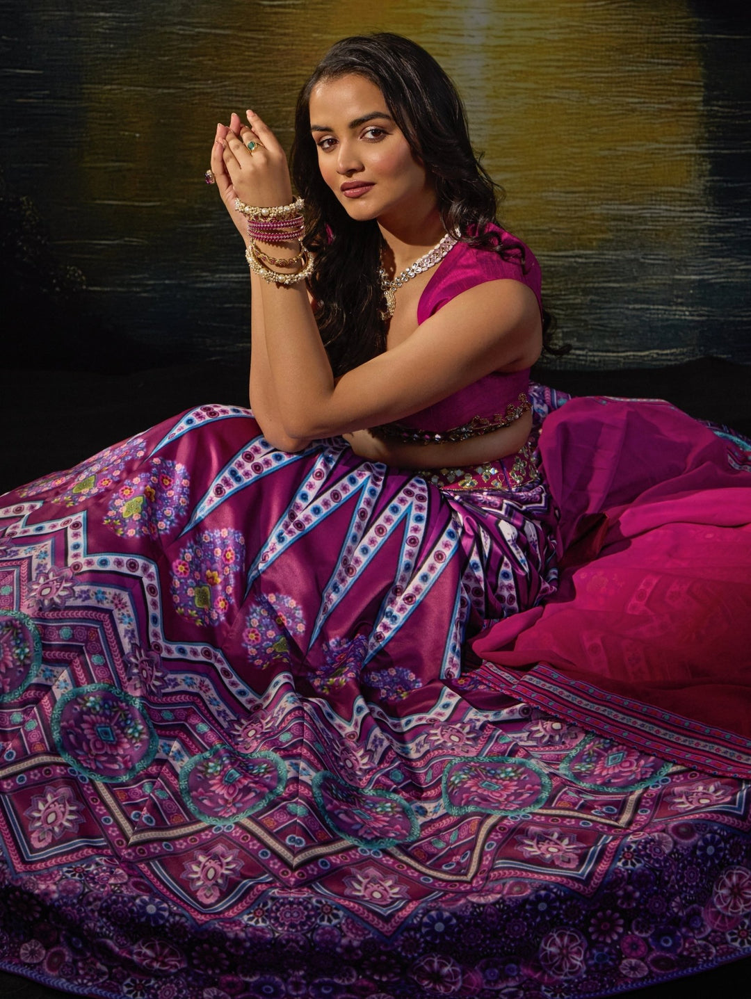 Rani Pink Printed And Embroidered Satin Lehenga Set Rashika Sharma - Fabilicious Fashion