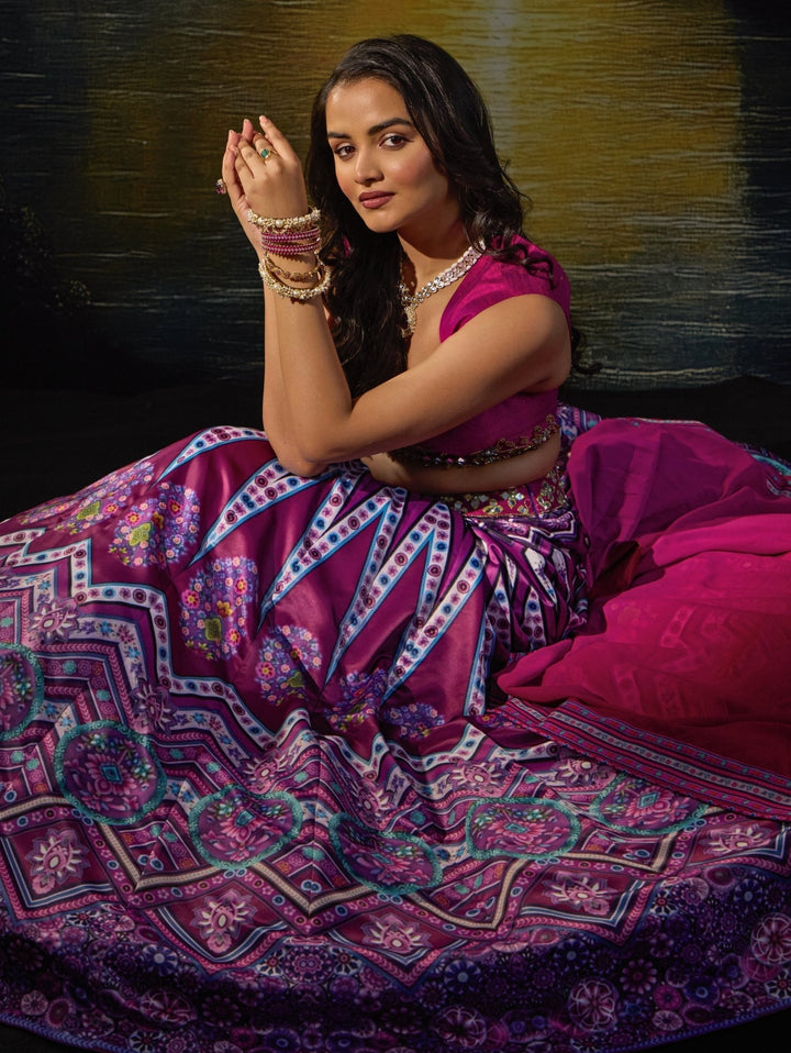 Rani Pink Printed And Embroidered Satin Lehenga Set Rashika Sharma - Fabilicious Fashion