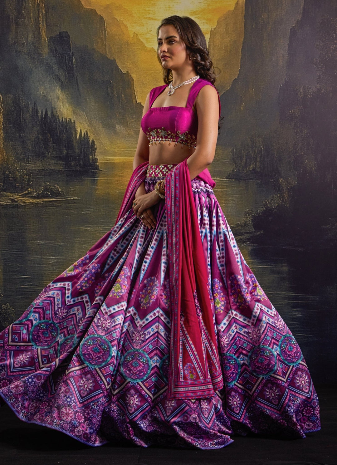 Rani Pink Printed And Embroidered Satin Lehenga Set Rashika Sharma - Fabilicious Fashion