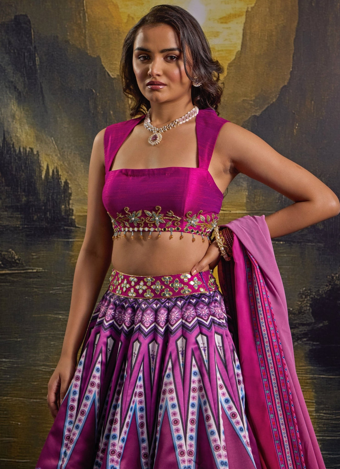 Rani Pink Printed And Embroidered Satin Lehenga Set Rashika Sharma - Fabilicious Fashion
