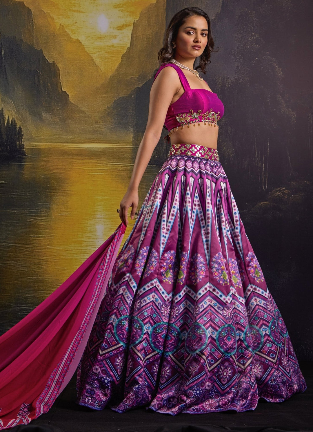 Rani Pink Printed And Embroidered Satin Lehenga Set Rashika Sharma - Fabilicious Fashion