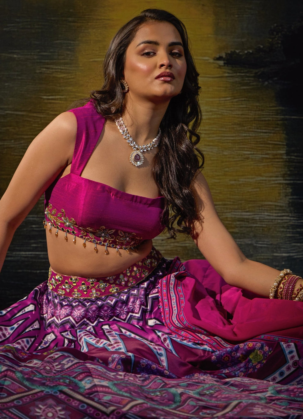 Rani Pink Printed And Embroidered Satin Lehenga Set Rashika Sharma - Fabilicious Fashion