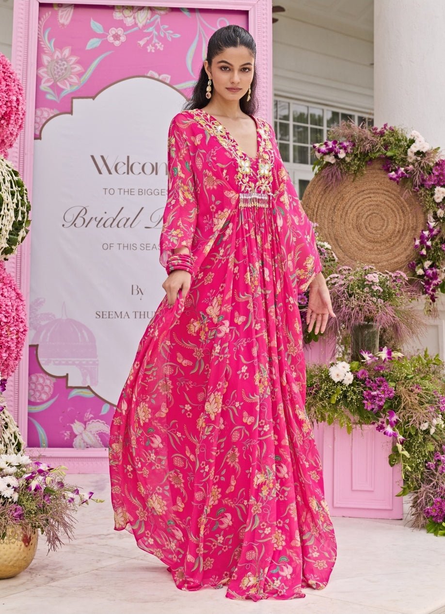 Rani Pink Printed Chiffon Kaftan Seema Thukral - Fabilicious Fashion