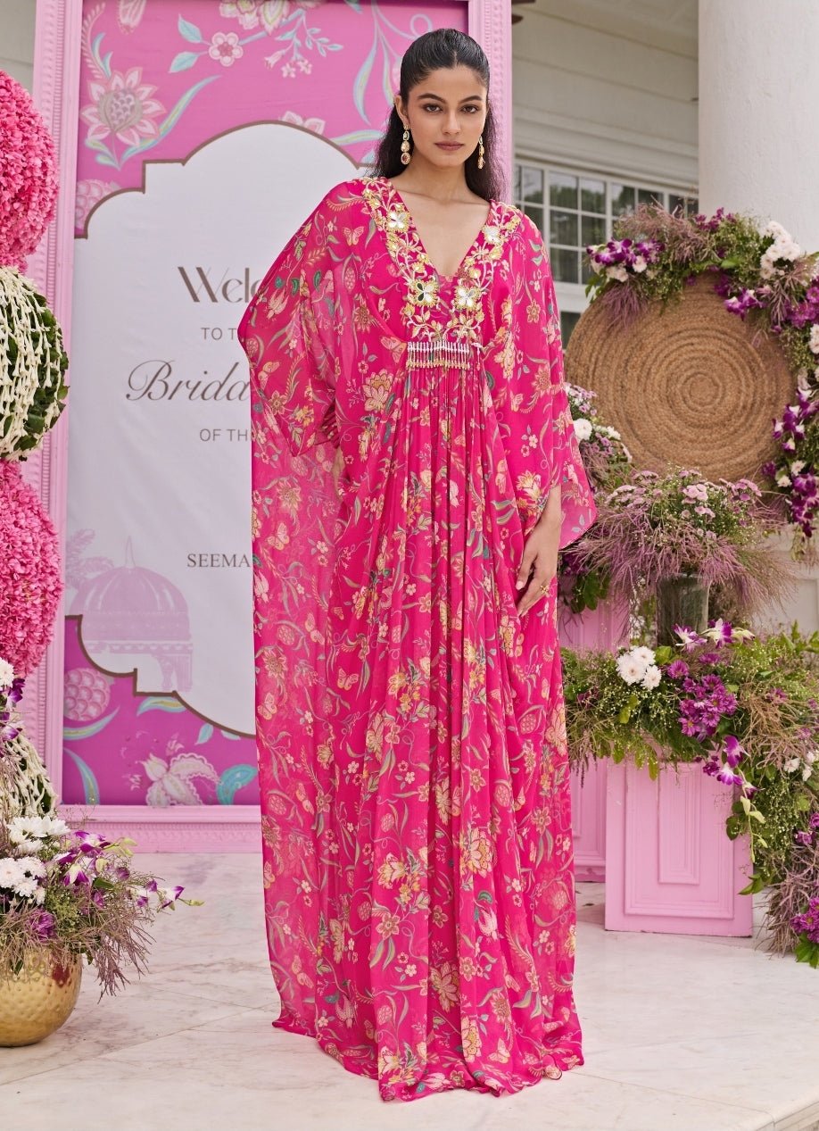 Rani Pink Printed Chiffon Kaftan Seema Thukral - Fabilicious Fashion