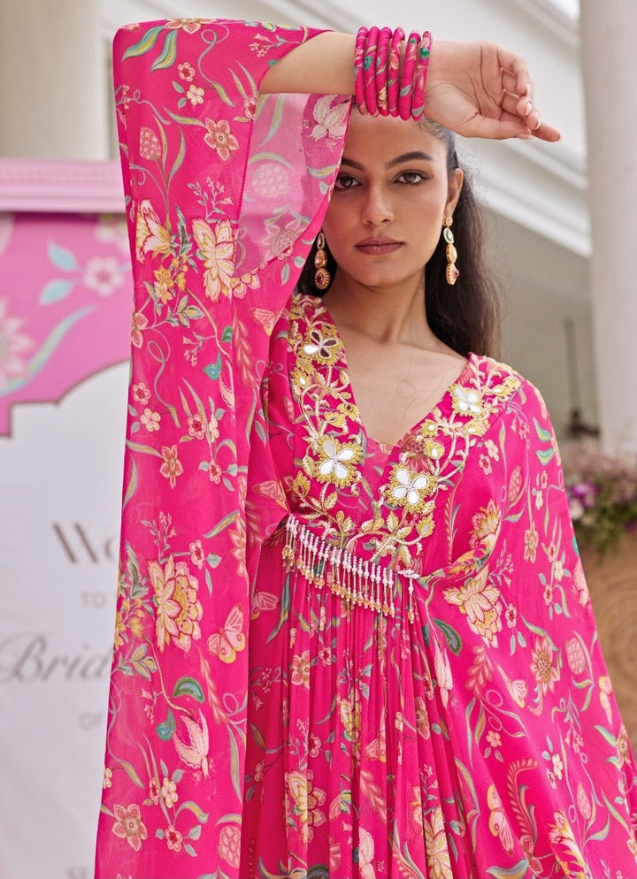Rani Pink Printed Chiffon Kaftan Seema Thukral - Fabilicious Fashion