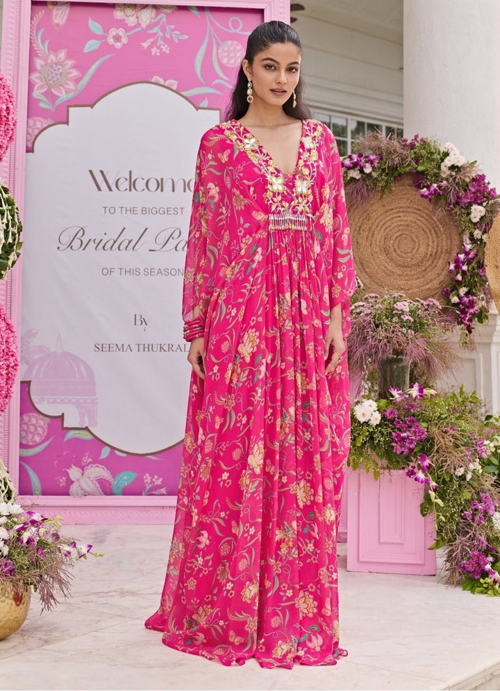Rani Pink Printed Chiffon Kaftan Seema Thukral - Fabilicious Fashion