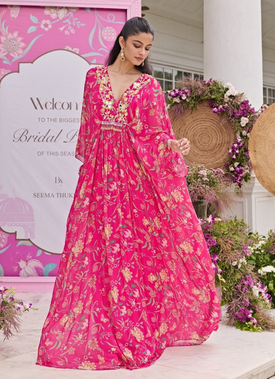 Rani Pink Printed Chiffon Kaftan Seema Thukral - Fabilicious Fashion
