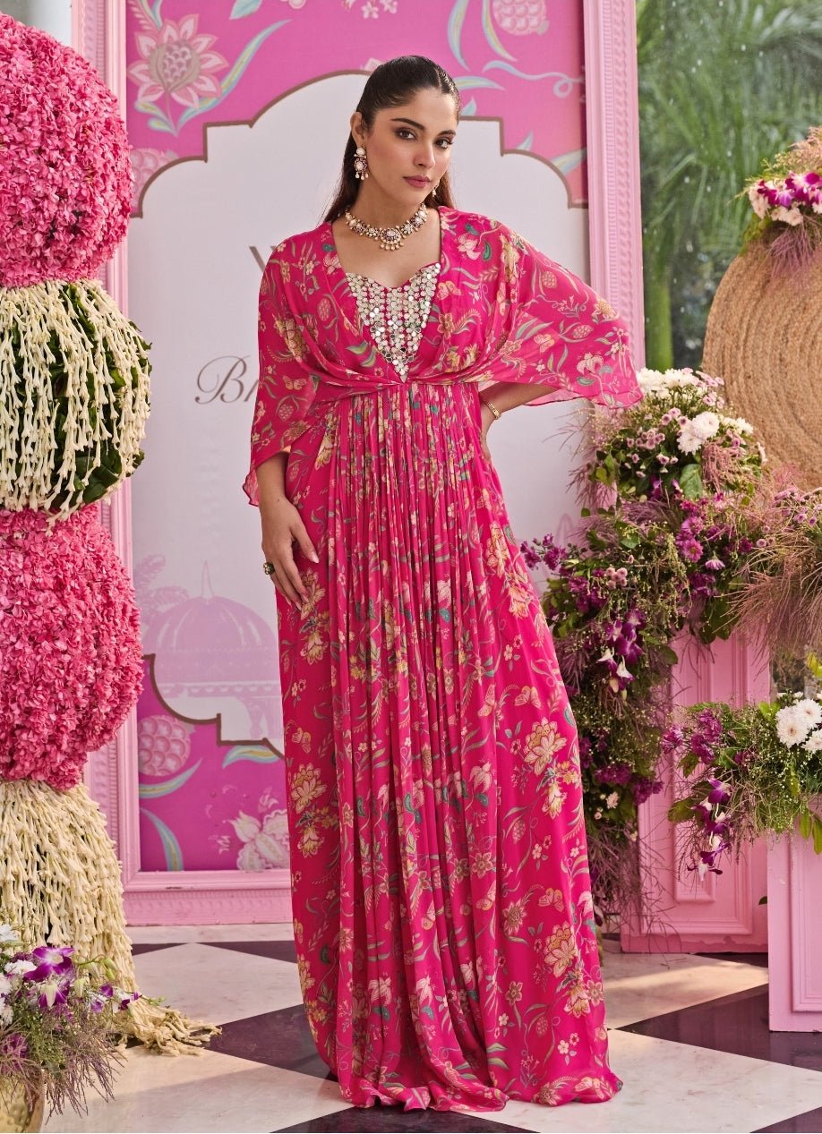 Rani Pink Printed Georgette Dress Seema Thukral - Fabilicious Fashion