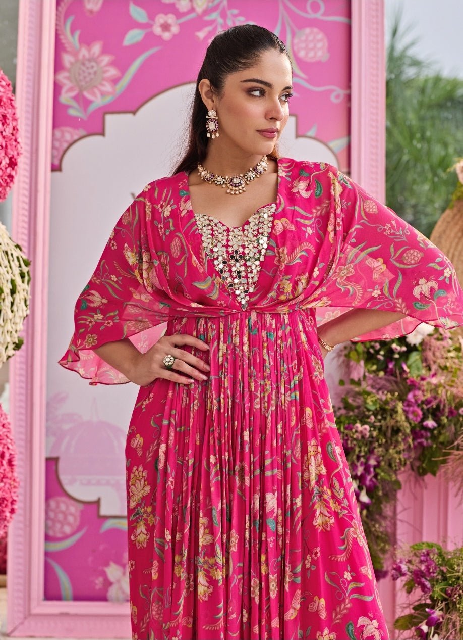 Rani Pink Printed Georgette Dress Seema Thukral - Fabilicious Fashion