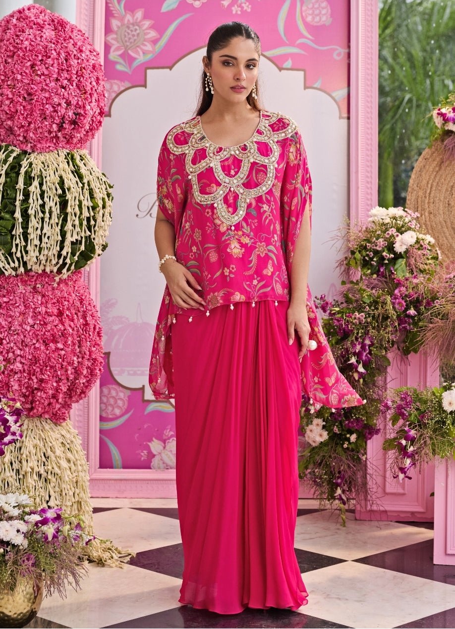 Rani Pink Printed Georgette Kaftan Top With Draped Skirt Seema Thukral - Fabilicious Fashion