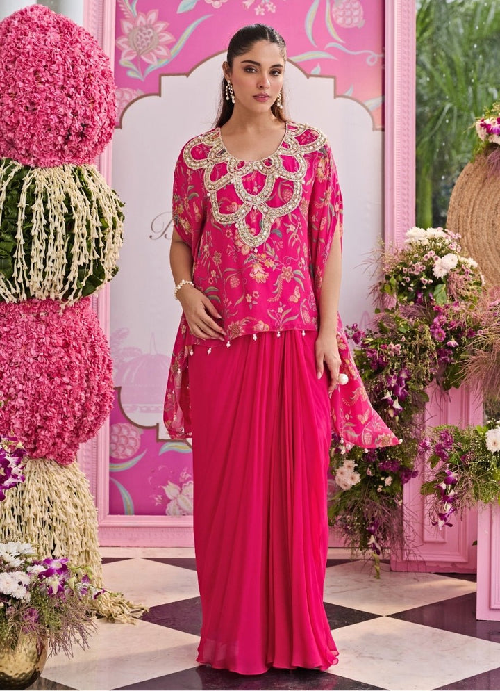 Rani Pink Printed Georgette Kaftan Top With Draped Skirt Seema Thukral - Fabilicious Fashion