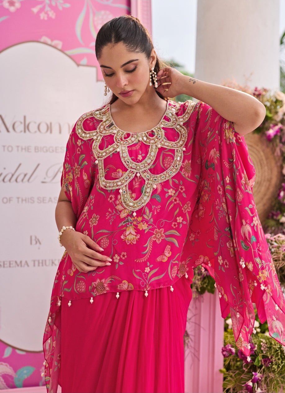 Rani Pink Printed Georgette Kaftan Top With Draped Skirt Seema Thukral - Fabilicious Fashion