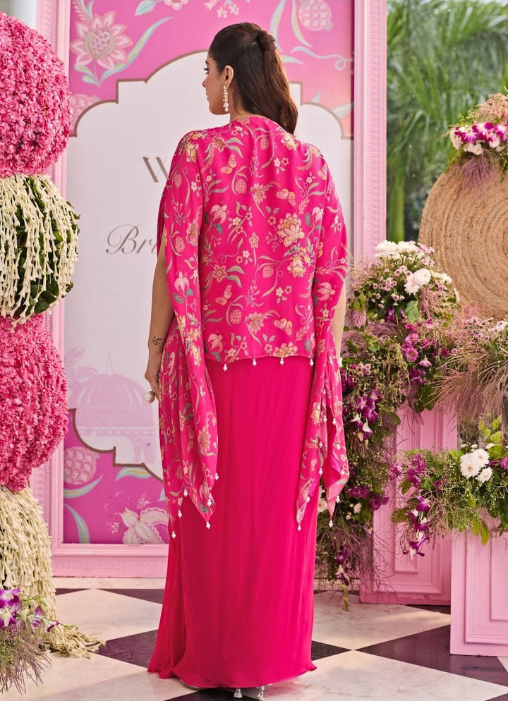 Rani Pink Printed Georgette Kaftan Top With Draped Skirt Seema Thukral - Fabilicious Fashion