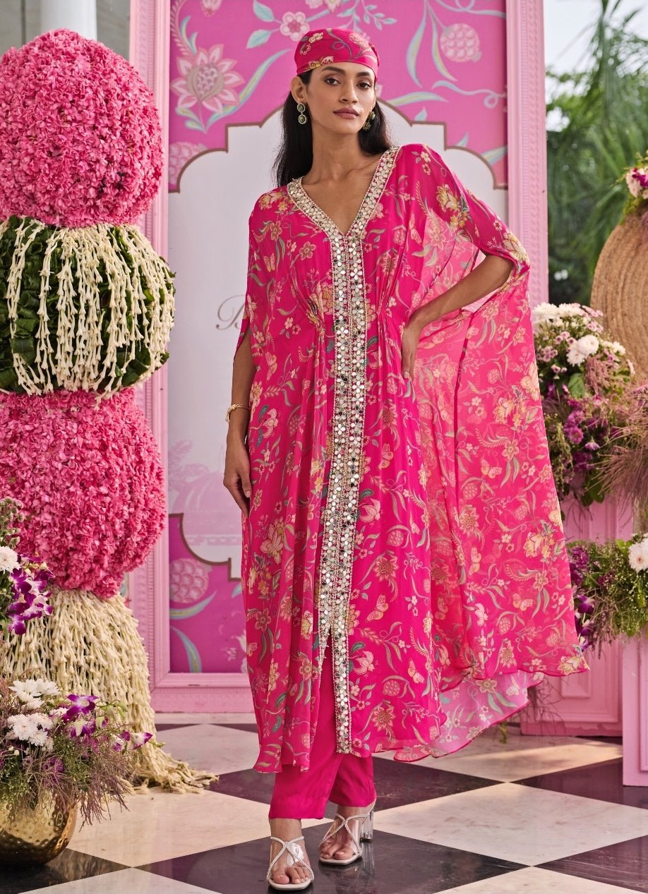 Rani Pink Printed Georgette Kaftan With Pants Seema Thukral - Fabilicious Fashion
