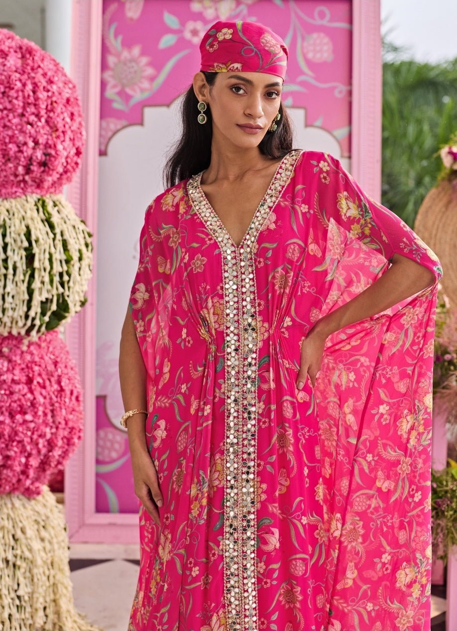 Rani Pink Printed Georgette Kaftan With Pants Seema Thukral - Fabilicious Fashion