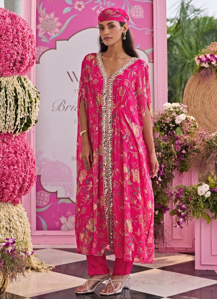 Rani Pink Printed Georgette Kaftan With Pants Seema Thukral - Fabilicious Fashion
