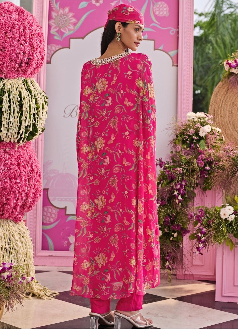 Rani Pink Printed Georgette Kaftan With Pants Seema Thukral - Fabilicious Fashion