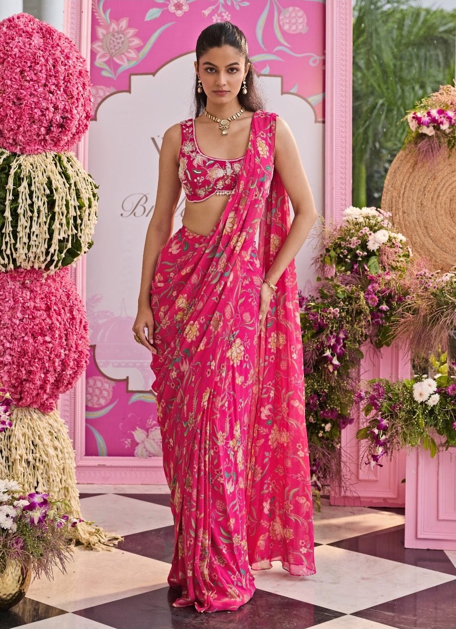 Rani Pink Printed Georgette Pre Draped Saree Seema Thukral - Fabilicious Fashion