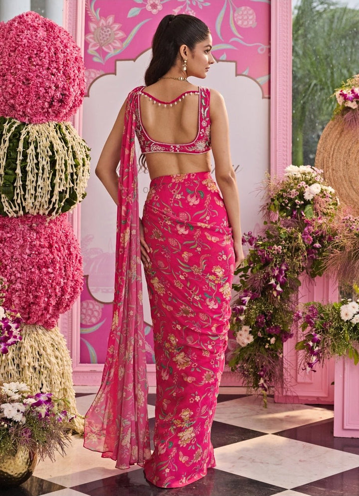 Rani Pink Printed Georgette Pre Draped Saree Seema Thukral - Fabilicious Fashion