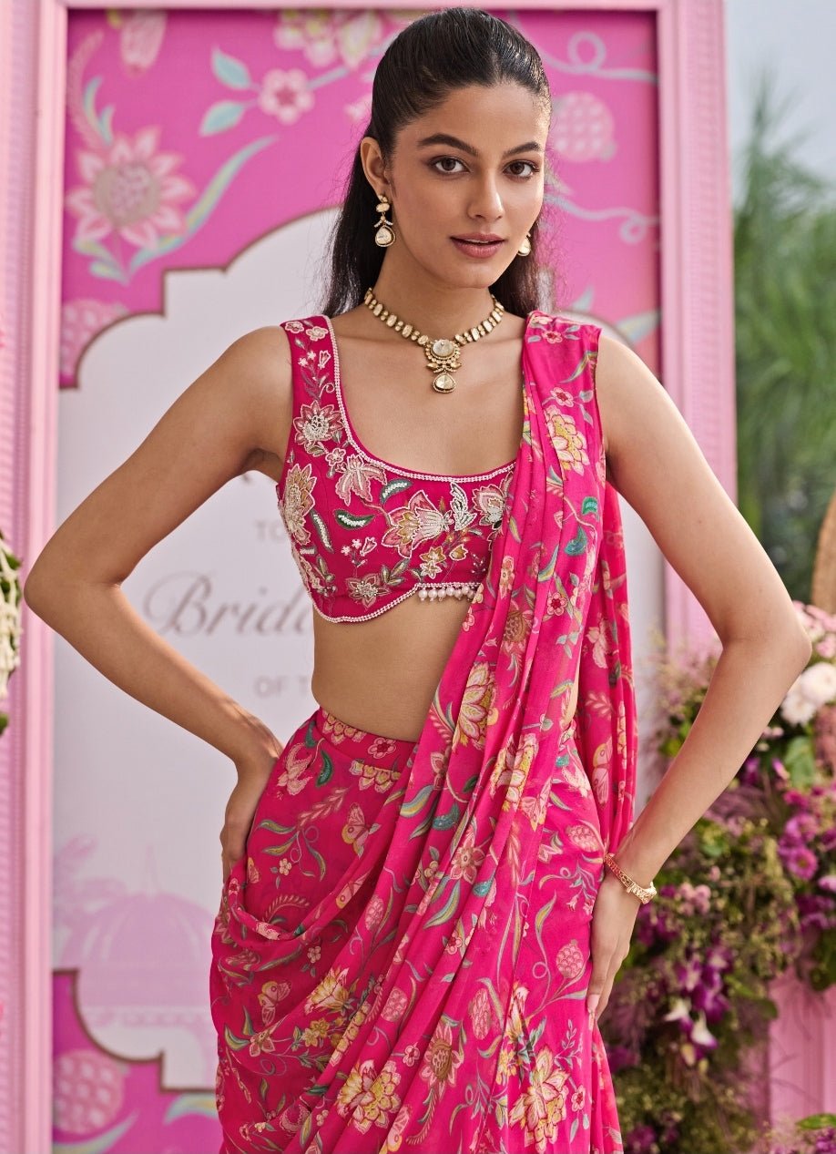 Rani Pink Printed Georgette Pre Draped Saree Seema Thukral - Fabilicious Fashion