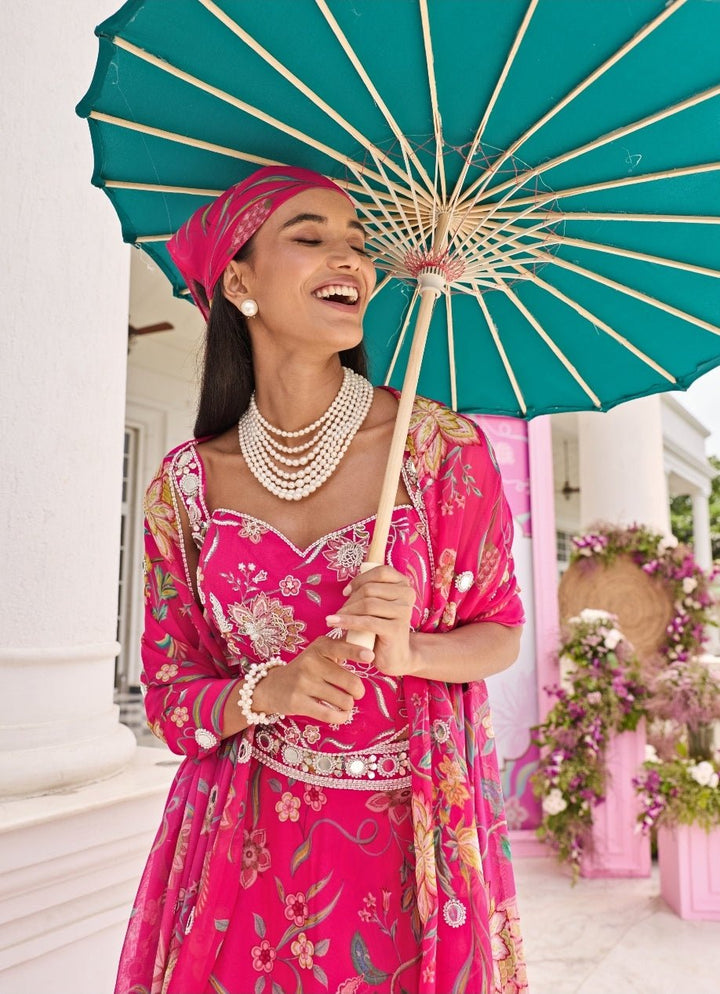Rani Pink Printed Organza Lehenga With Corset Blouse Seema Thukral - Fabilicious Fashion
