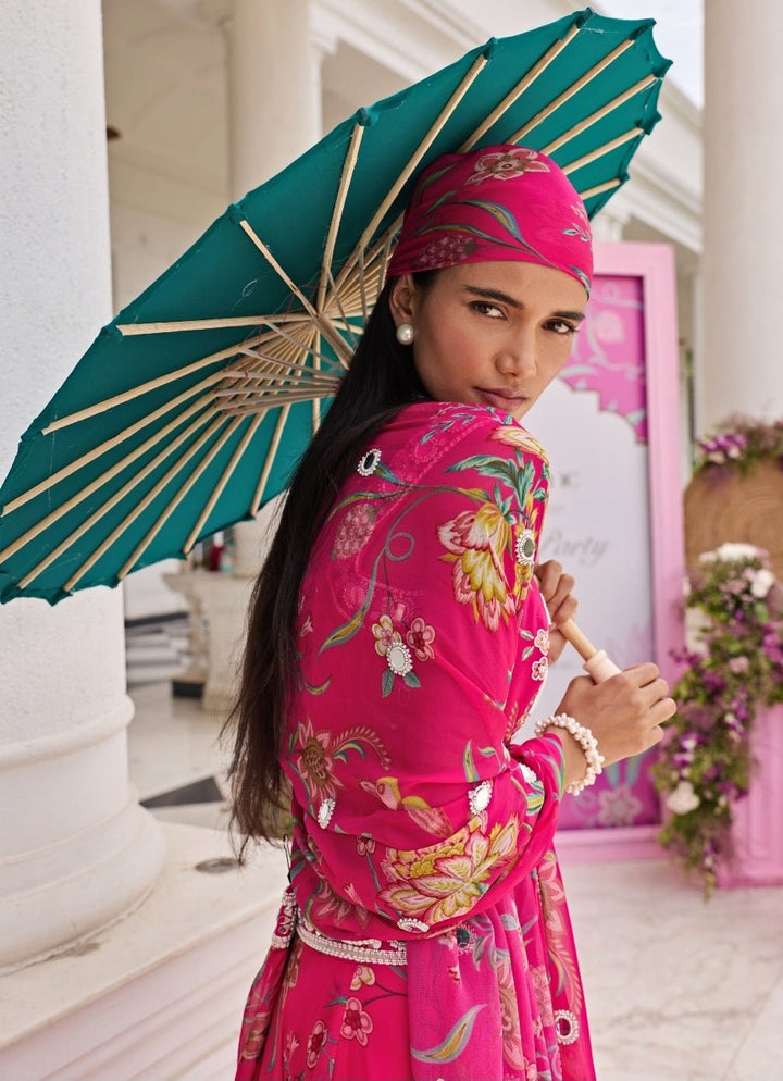 Rani Pink Printed Organza Lehenga With Corset Blouse Seema Thukral - Fabilicious Fashion