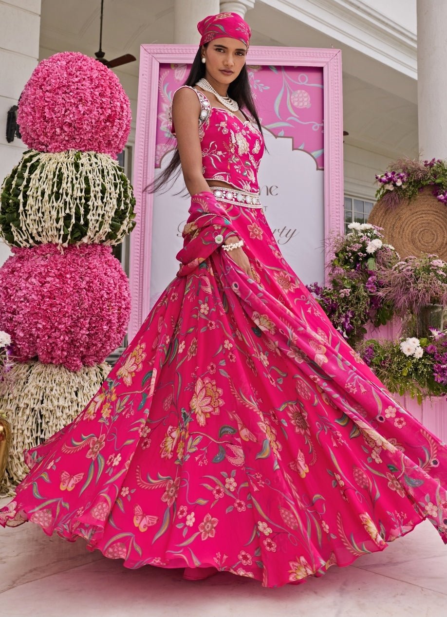 Rani Pink Printed Organza Lehenga With Corset Blouse Seema Thukral - Fabilicious Fashion