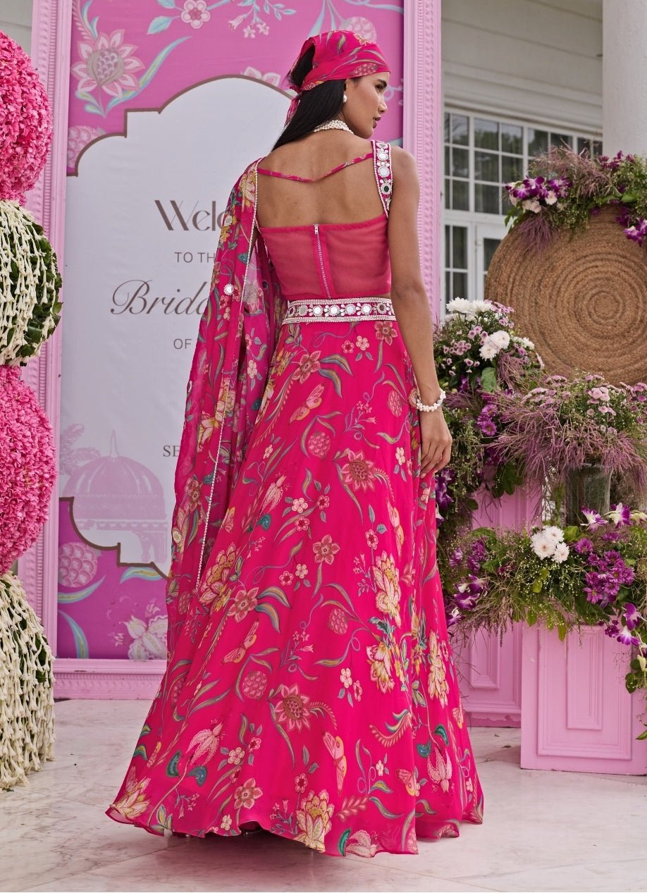 Rani Pink Printed Organza Lehenga With Corset Blouse Seema Thukral - Fabilicious Fashion