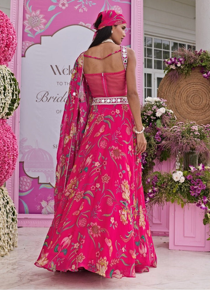 Rani Pink Printed Organza Lehenga With Corset Blouse Seema Thukral - Fabilicious Fashion