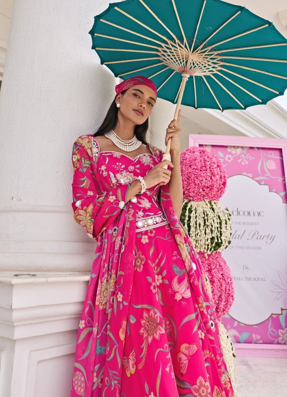 Rani Pink Printed Organza Lehenga With Corset Blouse Seema Thukral - Fabilicious Fashion
