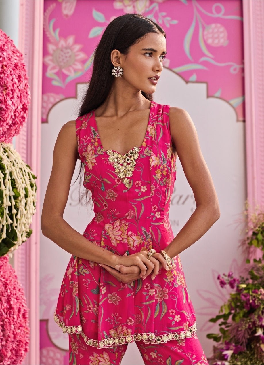 Rani Pink Printed Organza Peplum Kurta With Pants Seema Thukral - Fabilicious Fashion