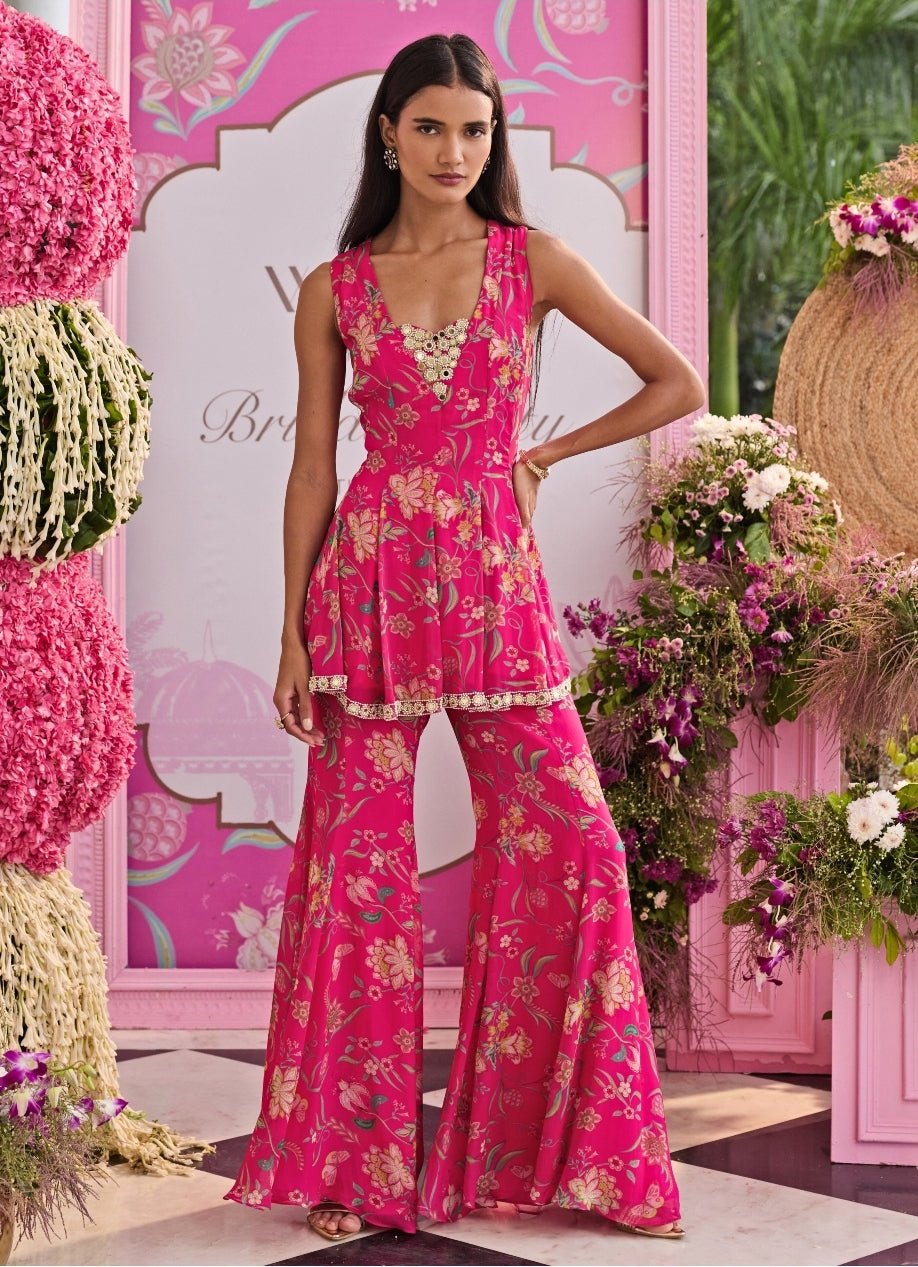 Rani Pink Printed Organza Peplum Kurta With Pants Seema Thukral - Fabilicious Fashion