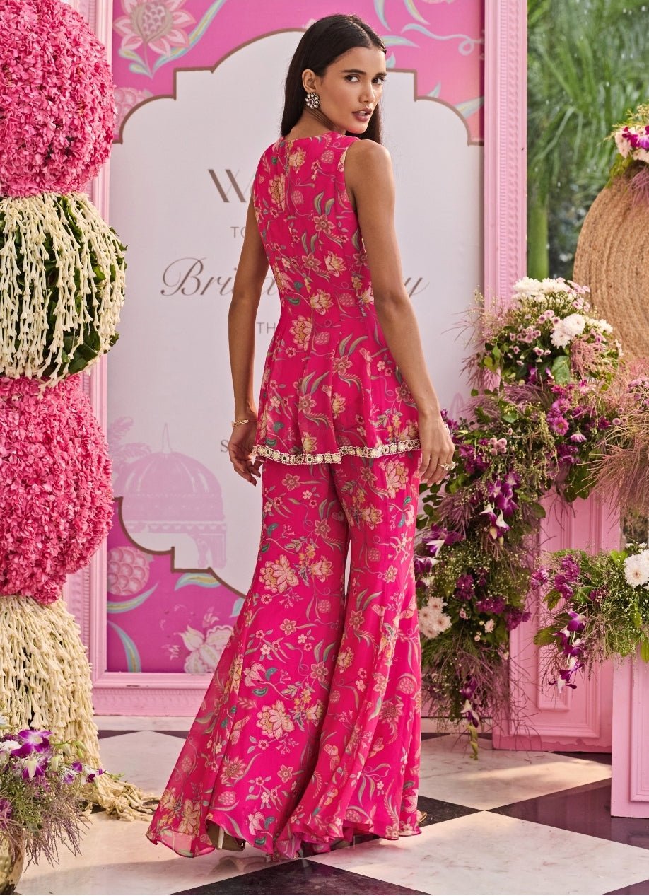 Rani Pink Printed Organza Peplum Kurta With Pants Seema Thukral - Fabilicious Fashion