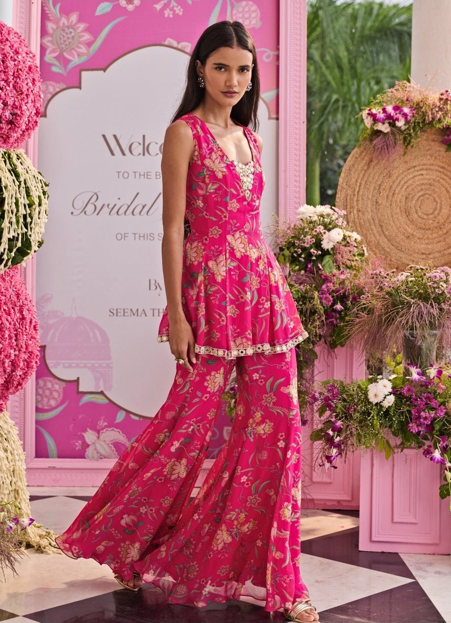 Rani pink printed organza peplum kurta with pants for Indian wedding