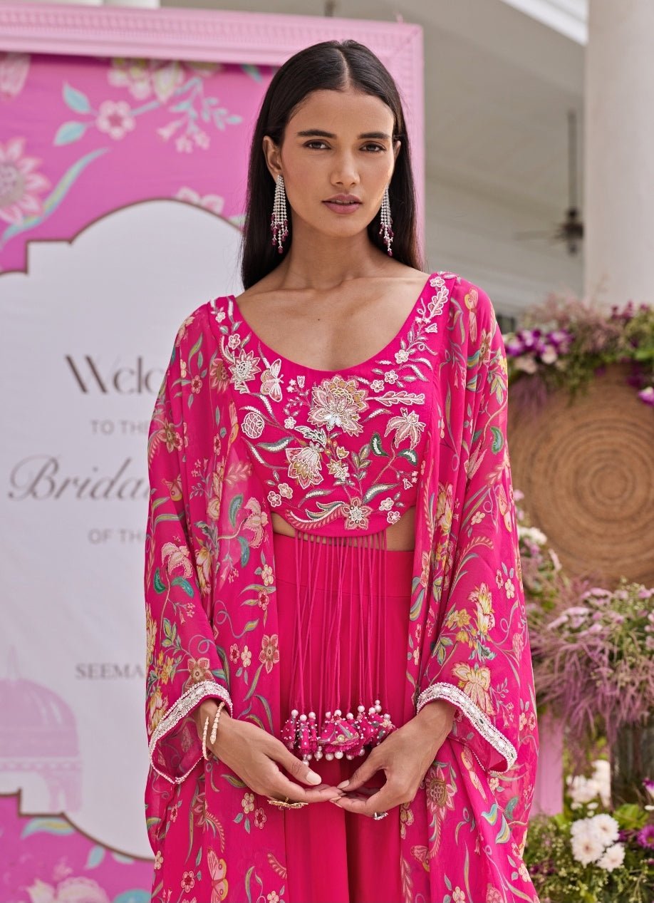 Rani Pink Printed Organza Sharara Set With Attached Cape Seema Thukral - Fabilicious Fashion