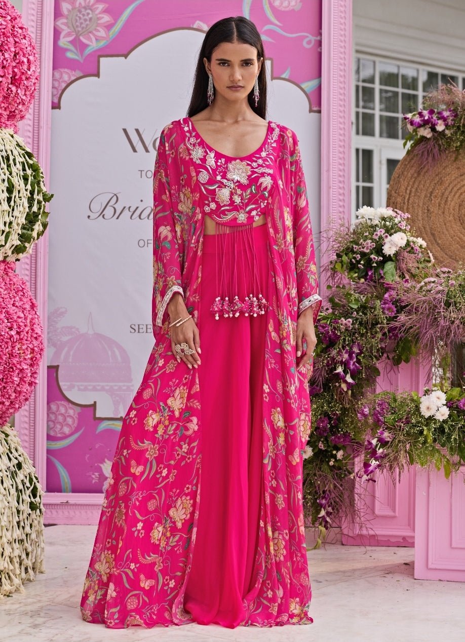 Rani Pink Printed Organza Sharara Set With Attached Cape Seema Thukral - Fabilicious Fashion