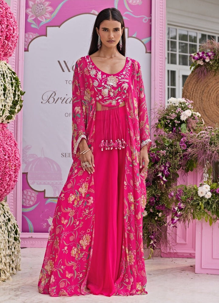 Rani Pink Printed Organza Sharara Set With Attached Cape Seema Thukral - Fabilicious Fashion