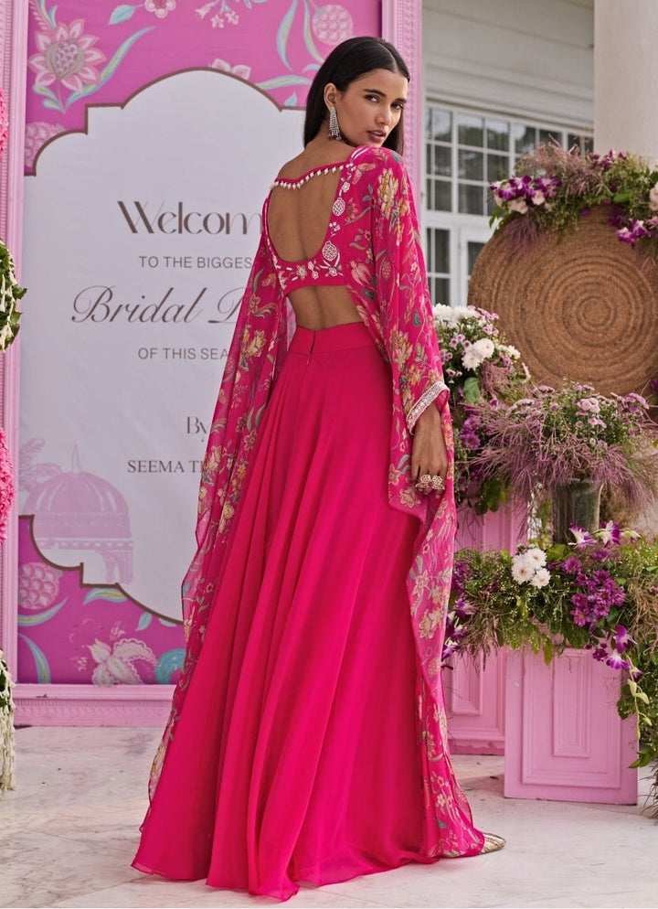Rani Pink Printed Organza Sharara Set With Attached Cape Seema Thukral - Fabilicious Fashion