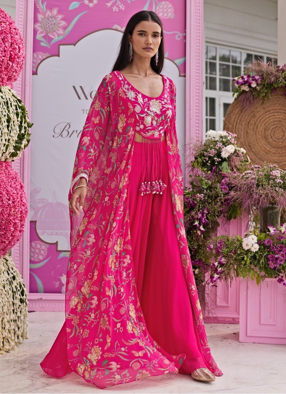 Rani Pink Printed Organza Sharara Set With Attached Cape Seema Thukral - Fabilicious Fashion