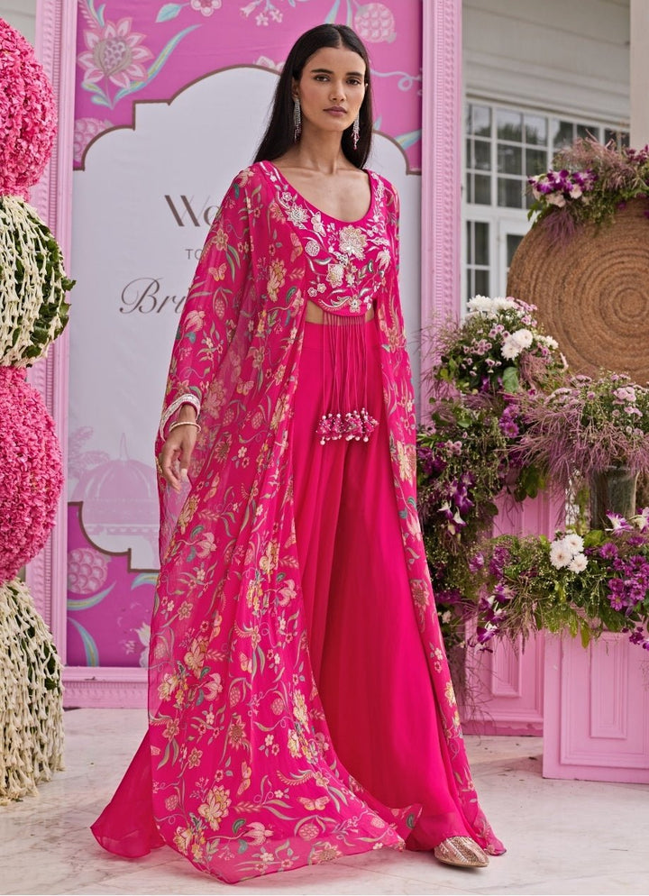 Rani Pink Printed Organza Sharara Set With Attached Cape Seema Thukral - Fabilicious Fashion